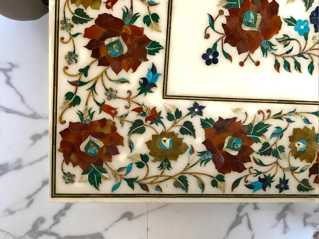 Floral Marble Dining Table with Semi Precious Inlay Work